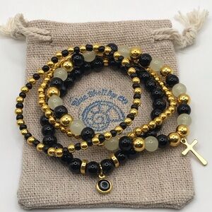 Bracelet Set x 4 -Evil Eye & Cross in Black & Golden-